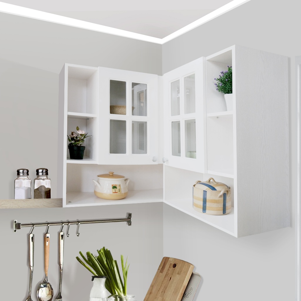 KIRANA Nebraska Kaca - Kitchen Set Kayu Kabinet Lemari Dapur Putih Minimalis 2 Pintu Sudut Kaca Rak