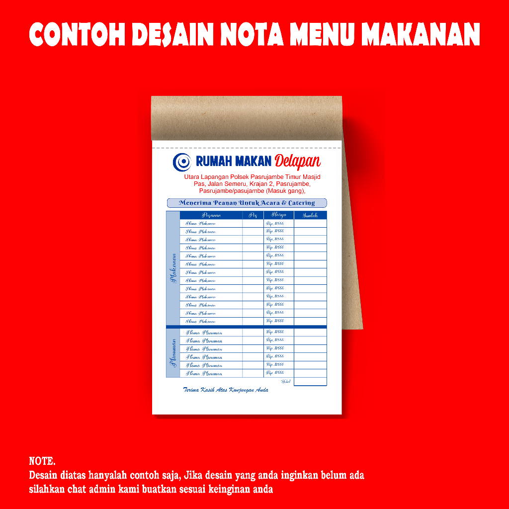 Jual cetak nota menu makanan custom 1 ply / 2 ply 1/4 folio | Shopee ...