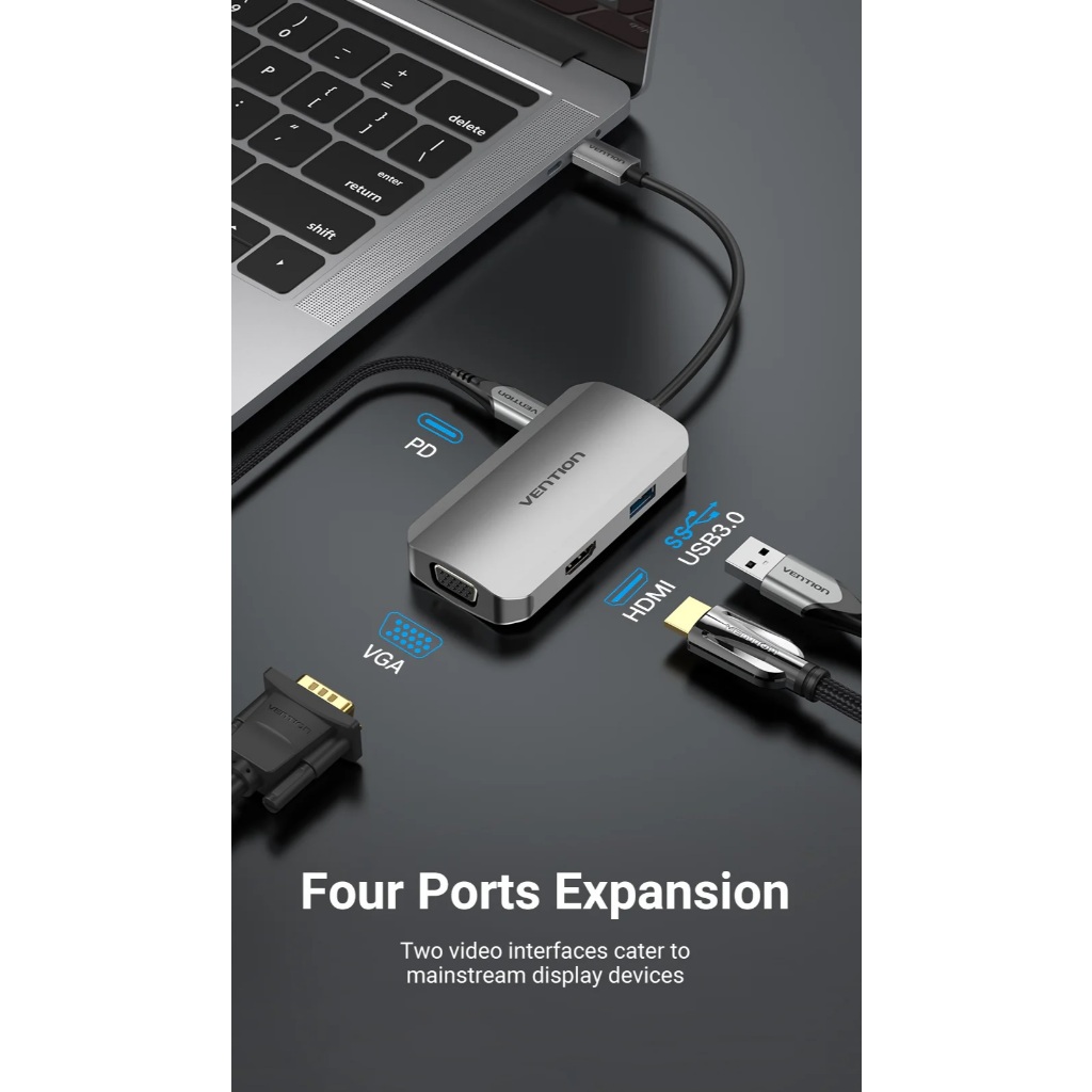 Jual Resmi Vention USB-C to HDMI VGA USB 3.0 Power Delivery 100W PD ...