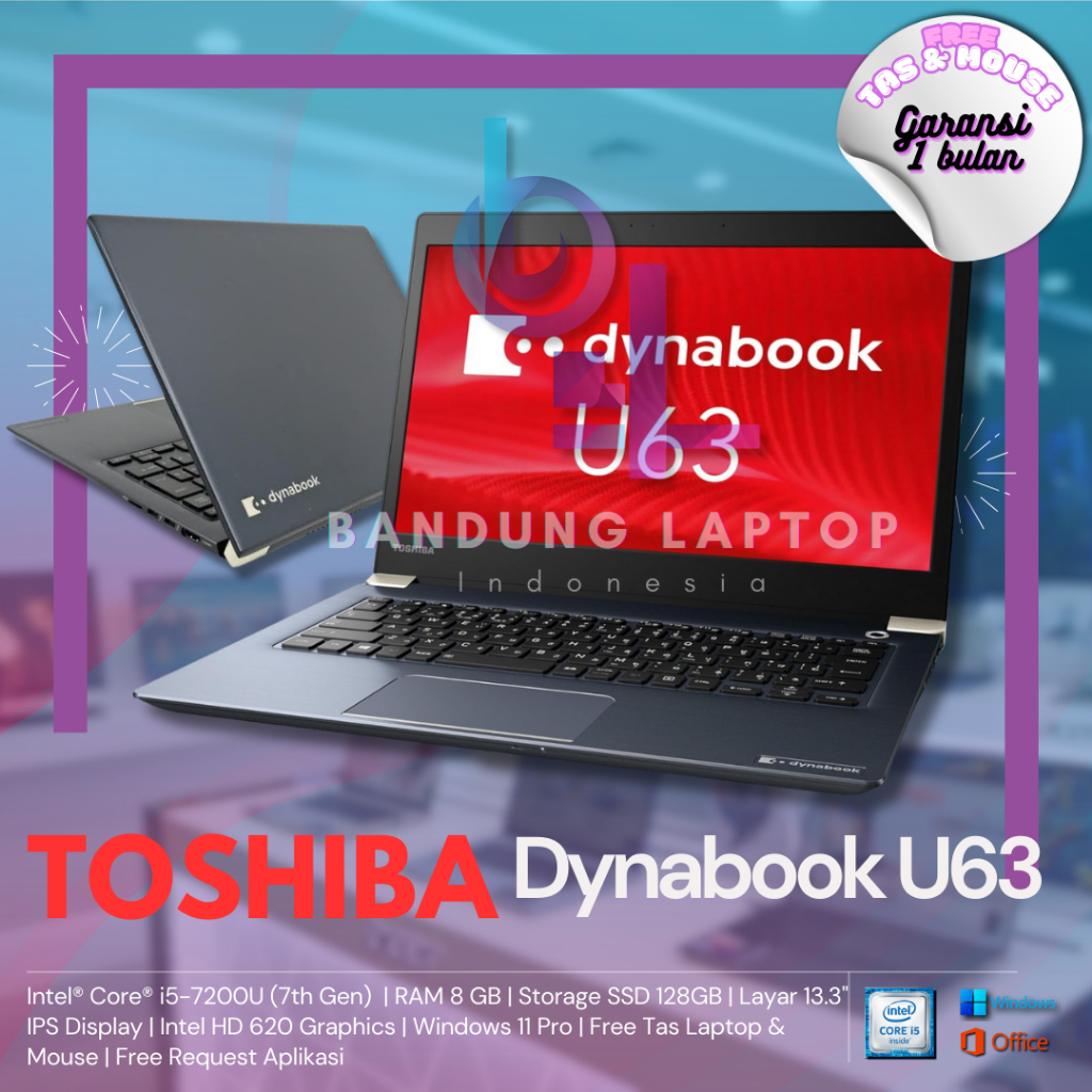 Jual Laptop Toshiba Dynabook U63 Core i5-7200U, RAM 8GB, SSD 128GB