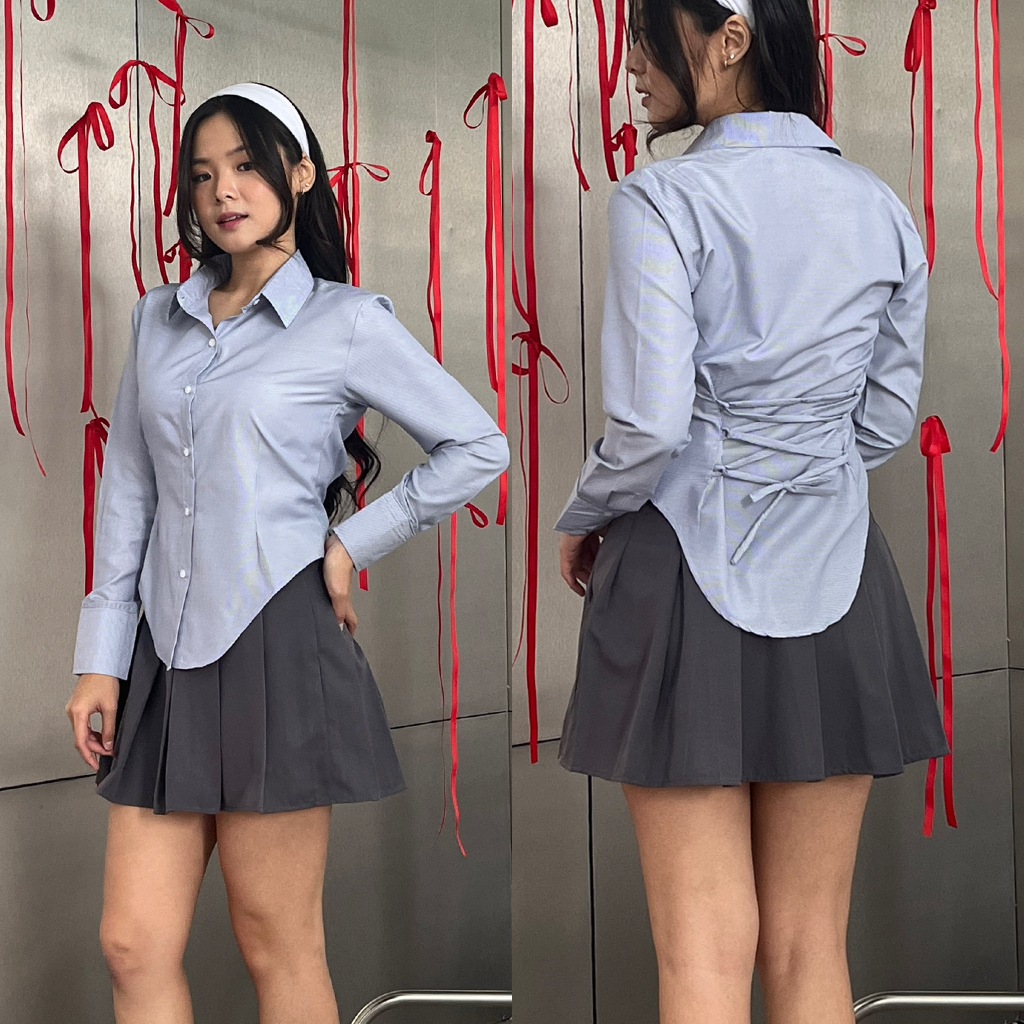 Missie - Selena Kemeja Blose wanita Slim Fit Long Sleeve tali belakang