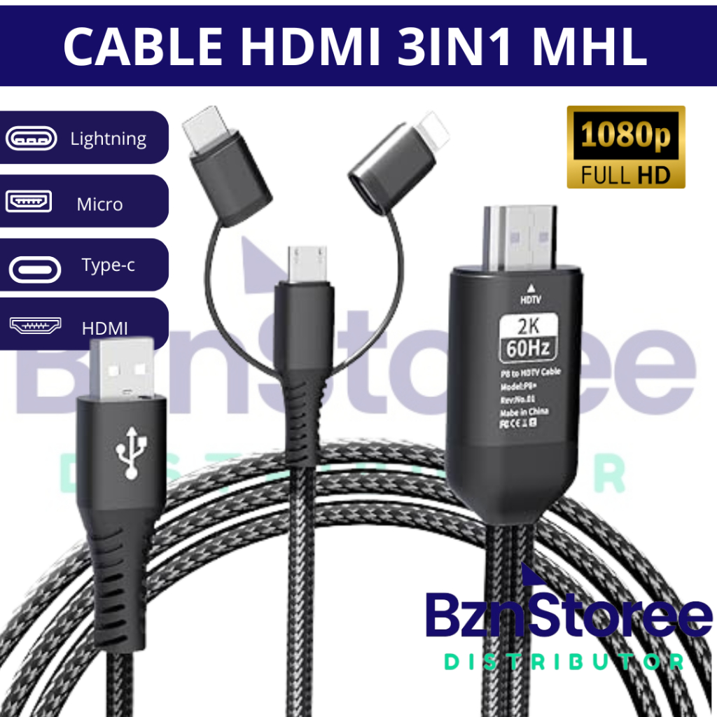 Jual Kabel HDMI ke Type C USB/Micro/Lightning Converter 3in1 2M