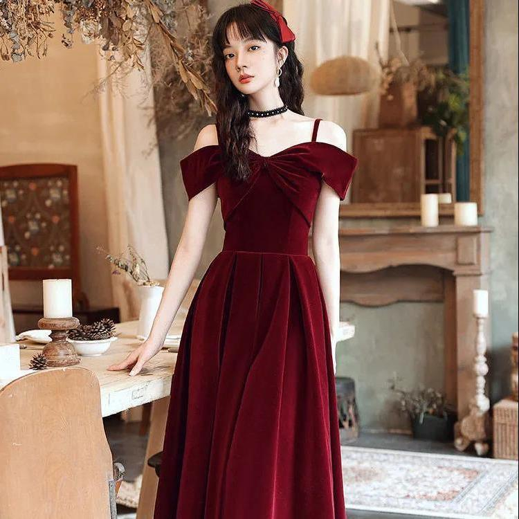Cocktail Soire Robe Mi Longue Chic Jual Korean Version Of Dinner Party Off  Shoulder Dress, Red