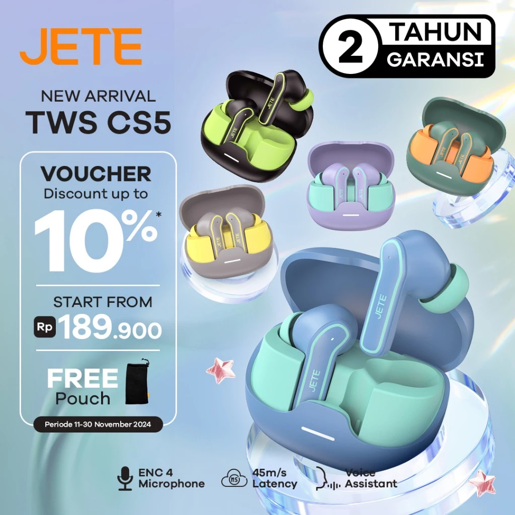 TWS Bluetooth ENC with 4 Mic JETE CS5 BT 5.3 IPX4 Playtime 20H - Garansi 2 Tahun