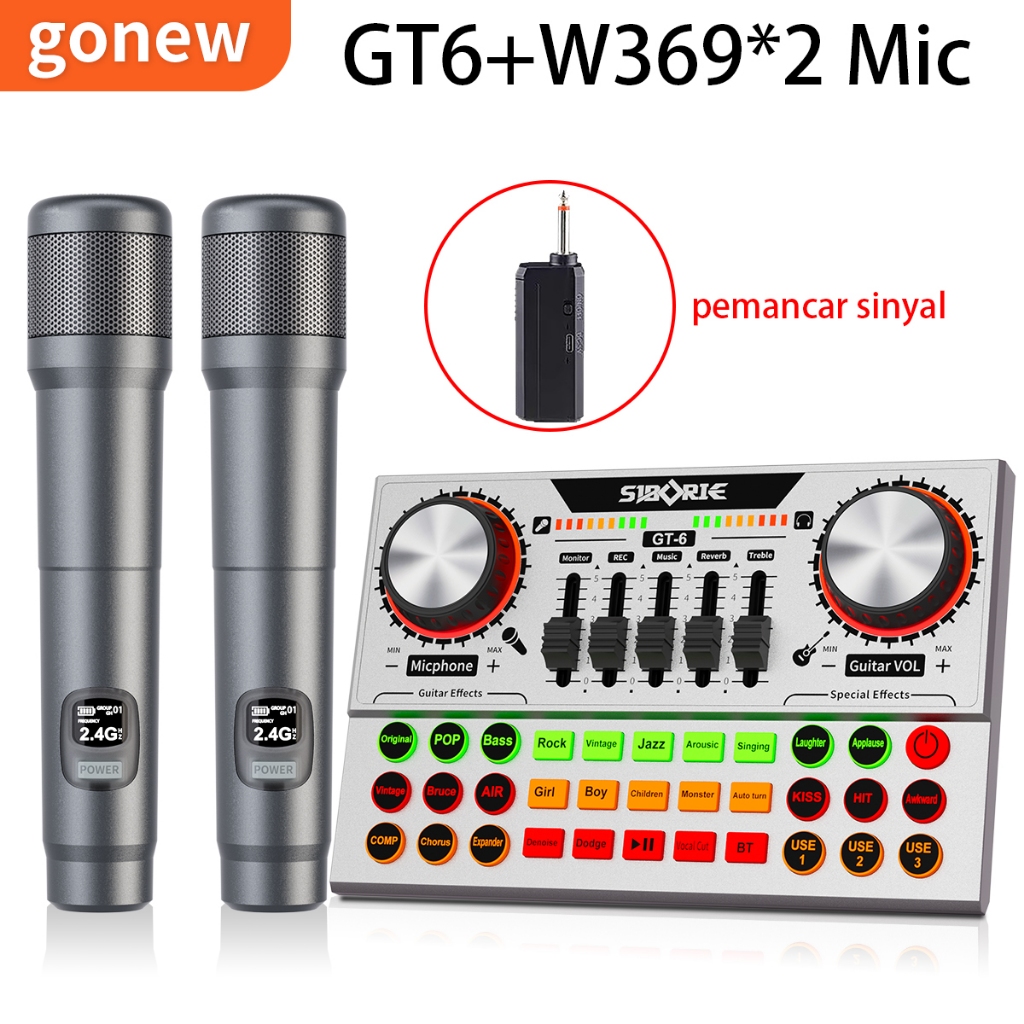 Jual Gonew【Two Wireless Microphone】GT6 Gitar Soundcard +W369*2Mic Full ...