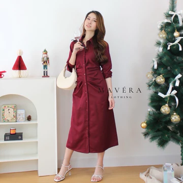 MAVERA Jasmine Pleated Dress Cotton Silk Bodycon Midi Dress Mewah Elegan Lembut Nyaman Simple