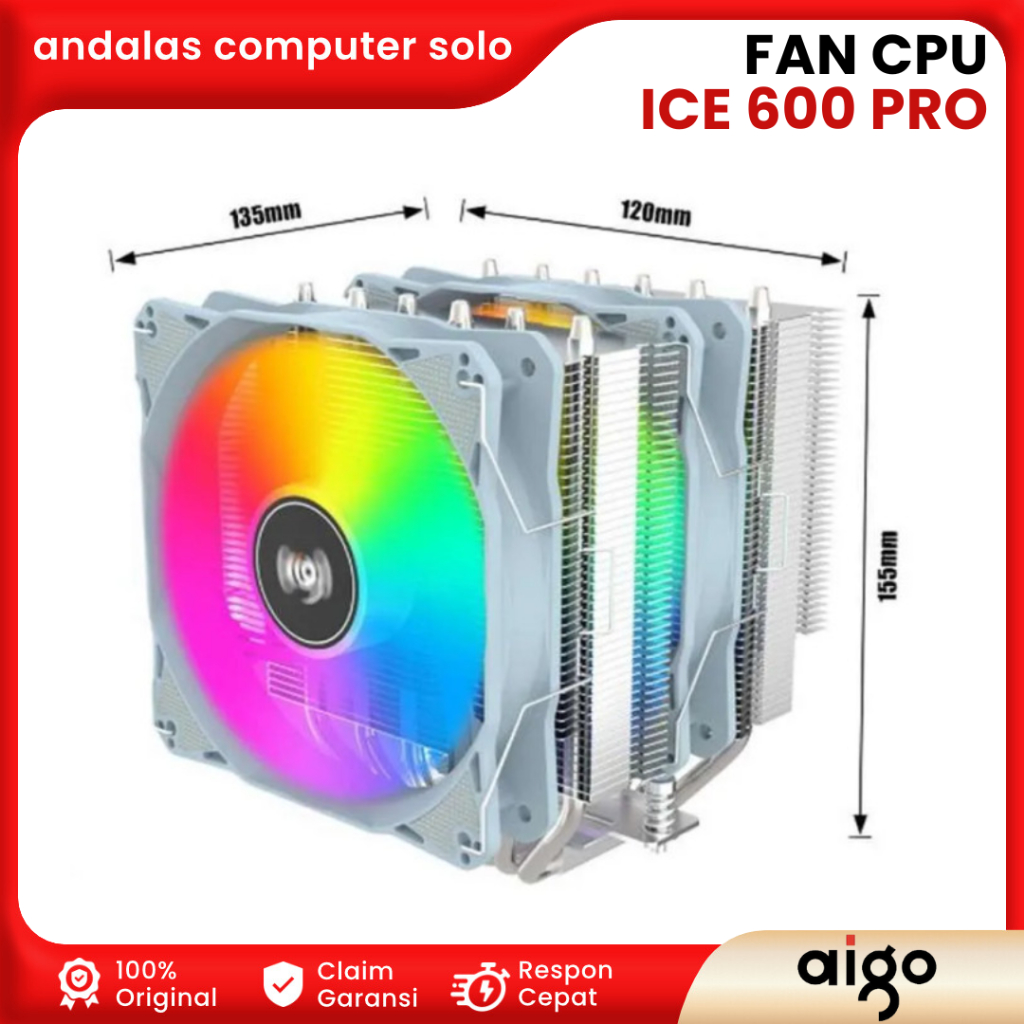 Jual FAN CPU HEATSINK FAN AIGO ICE 600 PRO 6 Heat Pipe Dual Fan CPU ...
