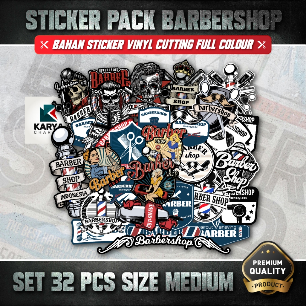 Jual STICKER PACK SET 32 PCS BARBERSHOP CUTTING VINYL UKURAN MEDIUM ...