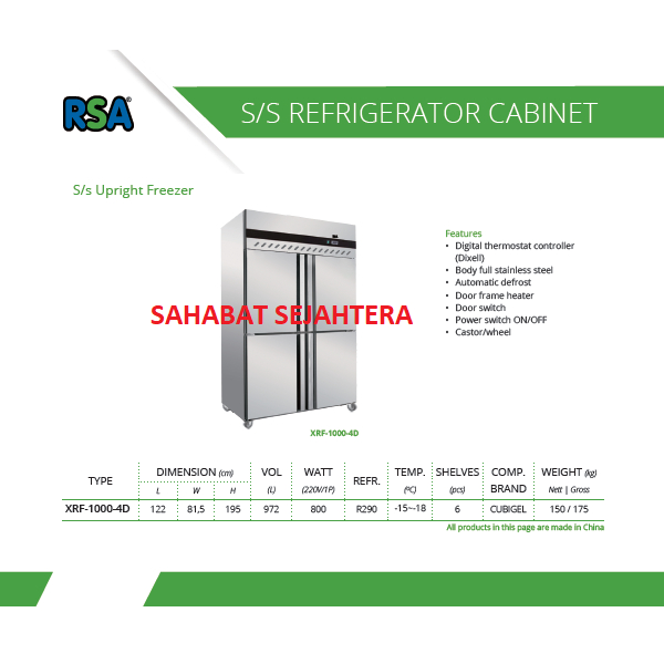 Jual RSA Stainless Steel Upright Freezer XRF-1000-4D Freezer Stainless ...