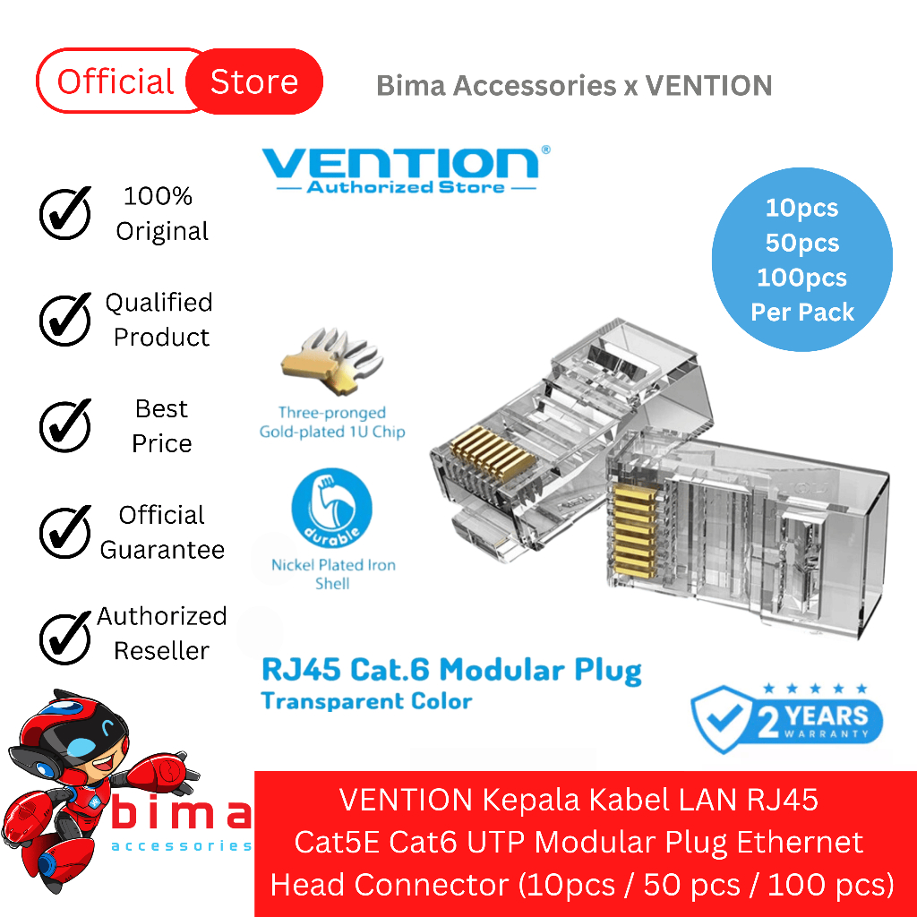 Jual VENTION Kepala Kabel LAN Head Connector RJ45 Cat5E Cat6 Cat6a UTP ...