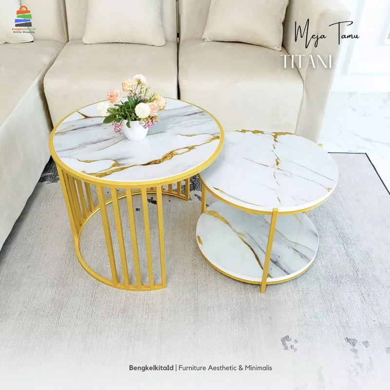 Meja Tamu Aesthetic Meja Bulat Set 2in1 - MEJA TITANI - Minimalis Sofa Besi Holo Cat Duco