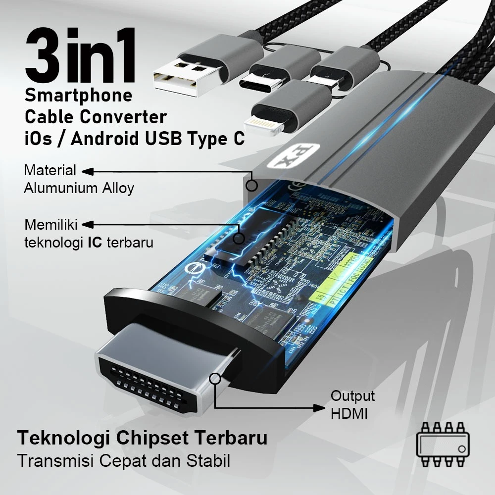 Kabel HDMI ke Type C USB/Micro/Lightning Converter 3 in 1 1 Meter PX MHA-1301
