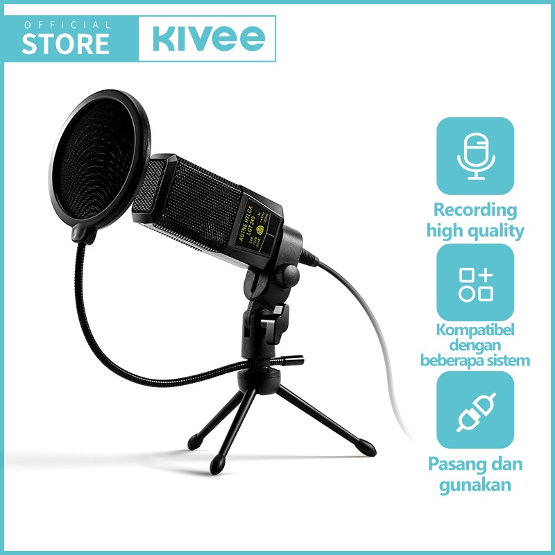 Jual KIVEE Microphone Condenser KV-US19 Tripod Stand & Pop Filter Live ...