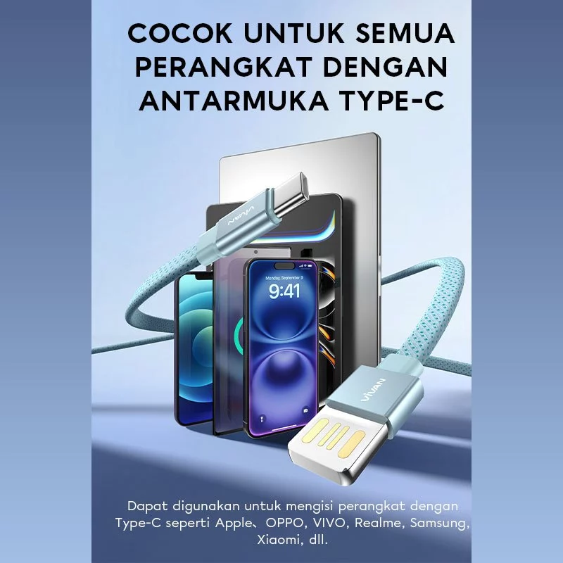 Vivan Kabel Data Super Tipis dan Ringan VTH Series USB A Type C Lightning 3A Fast Charging PD QC 3.0