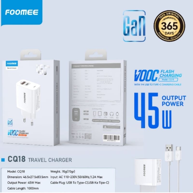 Jual Foomee CQ18 / CQ17 Travel Charger VOOC Flash Charging 45W / 35 W ...