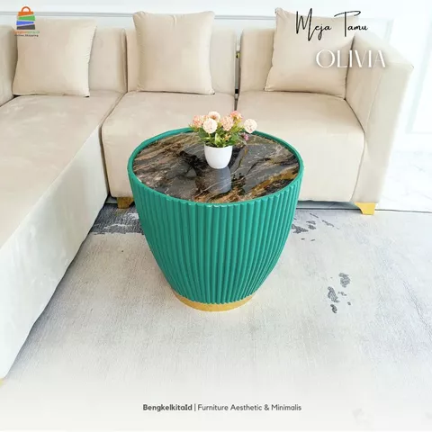 Meja Olivia Meja Tamu Bulat Aesthetic Minimalis / Coffee Table Sofa Mewah Kayu Solid Cat Duco Glossy List Gold