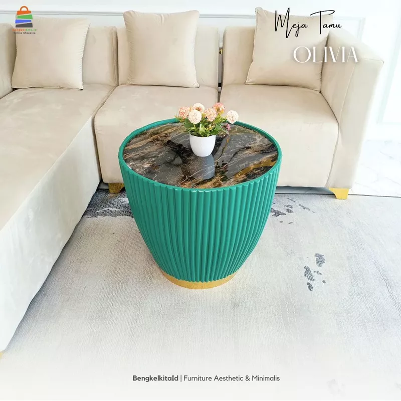 Meja Olivia Meja Tamu Bulat Aesthetic Minimalis / Coffee Table Sofa Mewah Kayu Solid Cat Duco Glossy List Gold