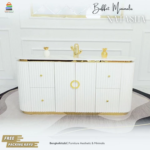Meja TV Natasha Buffet Modern Mewah Luxury / Rak Kabinet TV HPL Marmer List Gold Stainless Kerangka Kayu Solid Duco