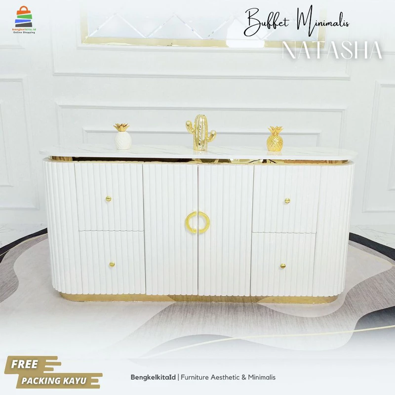 Meja TV Natasha Buffet Modern Mewah Luxury / Rak Kabinet TV HPL Marmer List Gold Stainless Kerangka Kayu Solid Duco