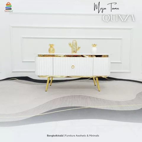 Meja Tamu Sofa Quinza Panjang Modern Luxury / Meja Kopi Ruang Tamu HPL Marmer Kerangka Kayu Solid Duco Glossy