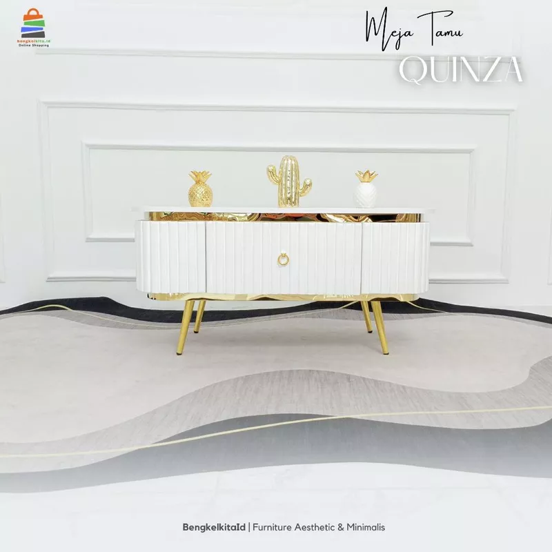 Meja Tamu Sofa Quinza Panjang Modern Luxury / Meja Kopi Ruang Tamu HPL Marmer Kerangka Kayu Solid Duco Glossy
