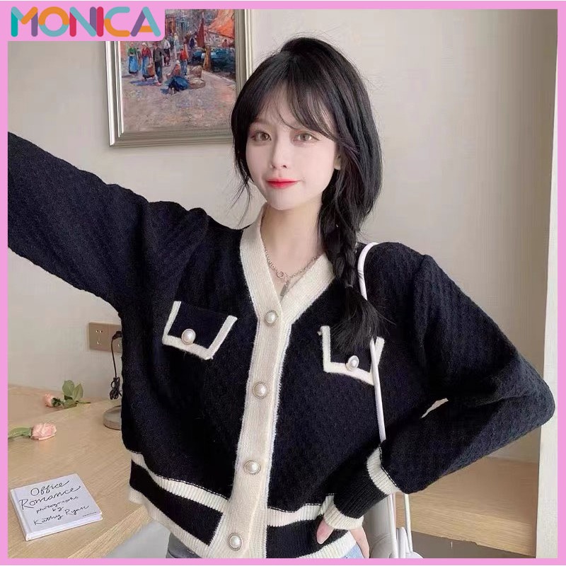 Jual Monica Cardigan Wol Rajut Sweater Premium Simple Hitam Putih ...