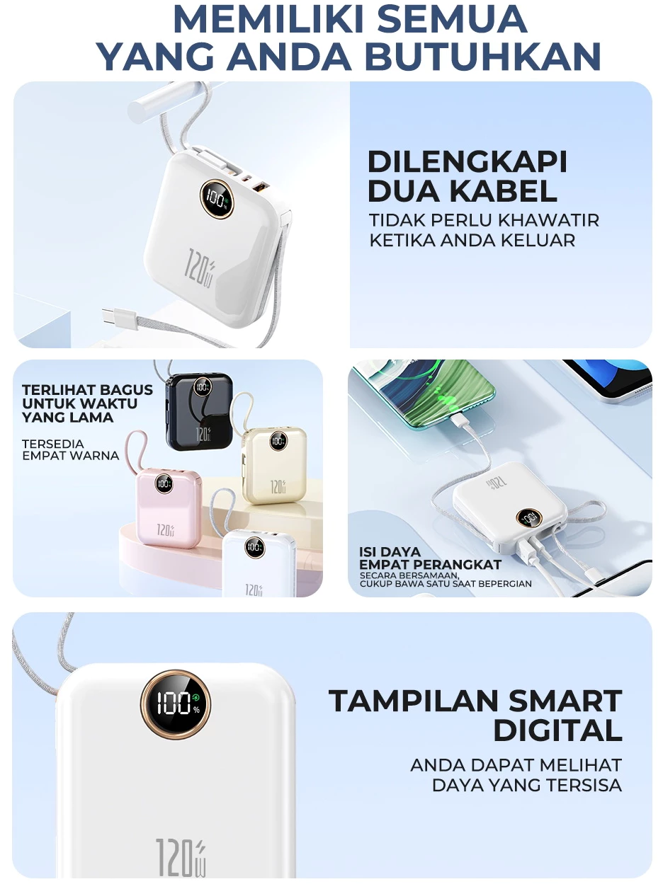 SKCBO Mini Powerbank Super Fast Charging 120W Power Bank 20000mah Built in Cable Type C lightning for Iphone & Android