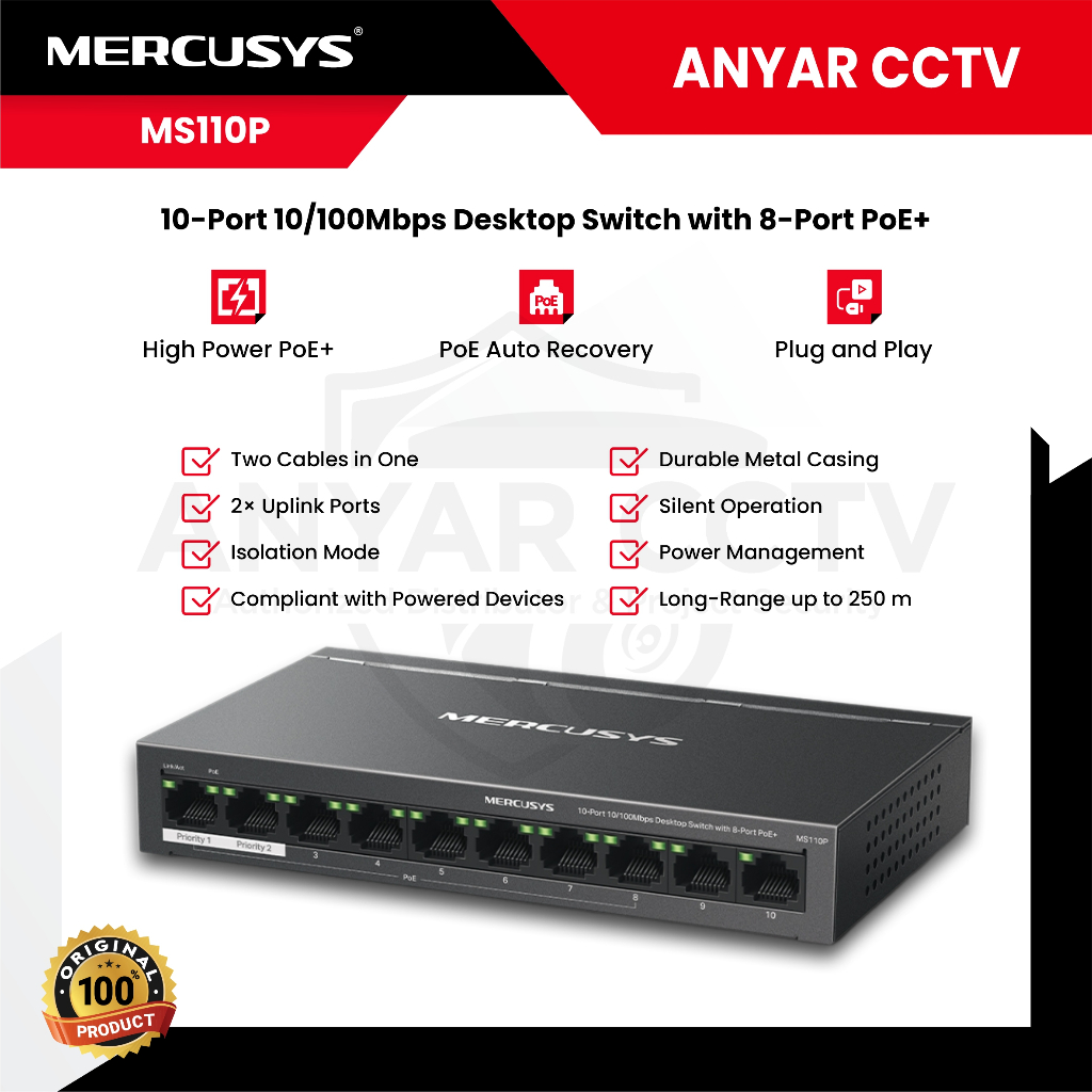 Jual MERCUSYS MS110P 10-Port 10/100Mbps Desktop Switch with 8-Port PoE+ ...