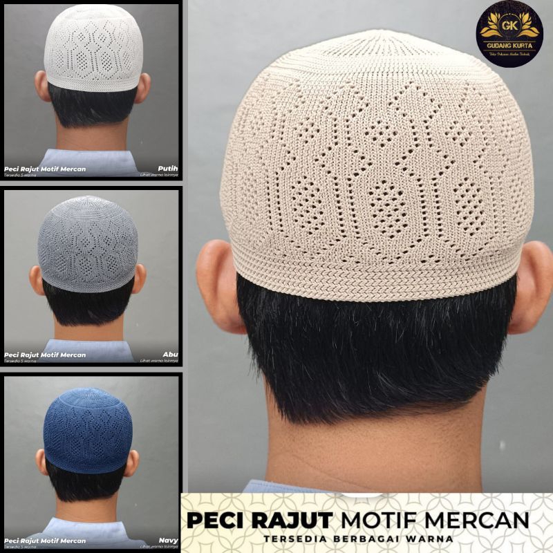 Peci Rajut Polos Motif Mercan Laki Laki Dewasa Peci Ibadah Shalat Haji Umroh Putih Tebal Elastis Nyaman