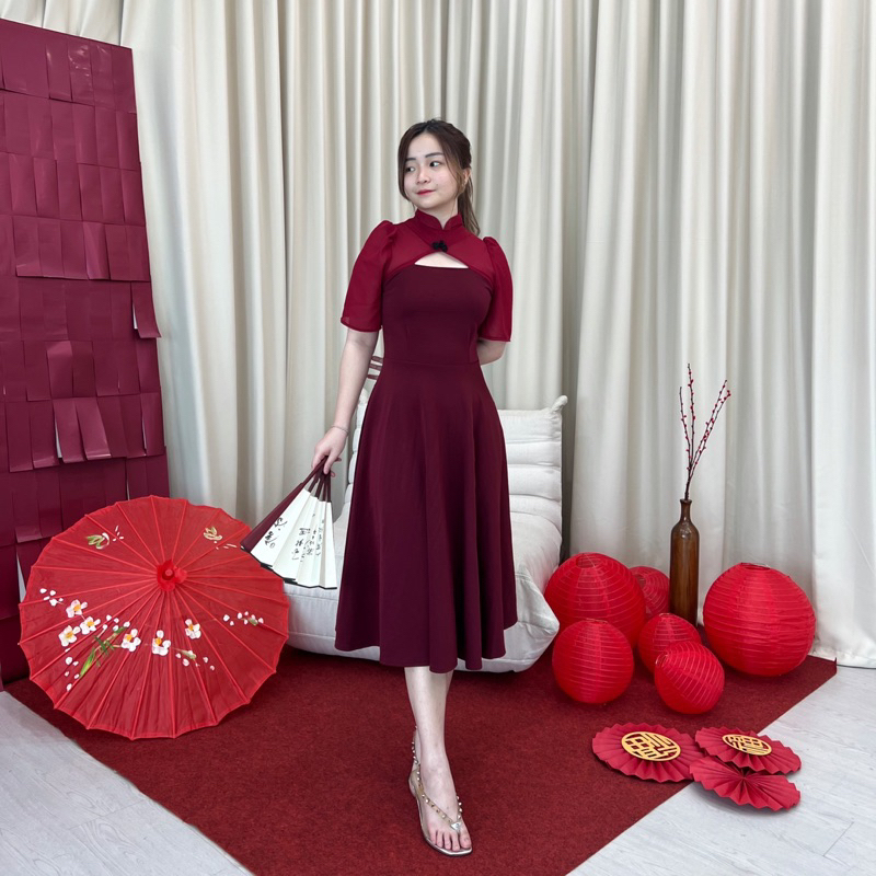 Jual ELEVENCLOTHING - Cella Midi Dress Congsam Imlek Simple Premium Ala ...