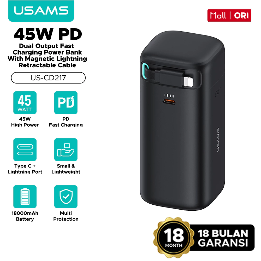 USAMS Powerbank 18000mAh Fast Charging PD 45W Kabel Magnetic Type C & Lightning CD216