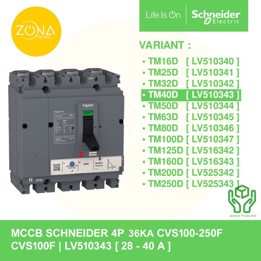Jual MCCB SCHNEIDER EASYPACT CVS100F 4P 40A 25KA TMD TM40D LV510343 ...