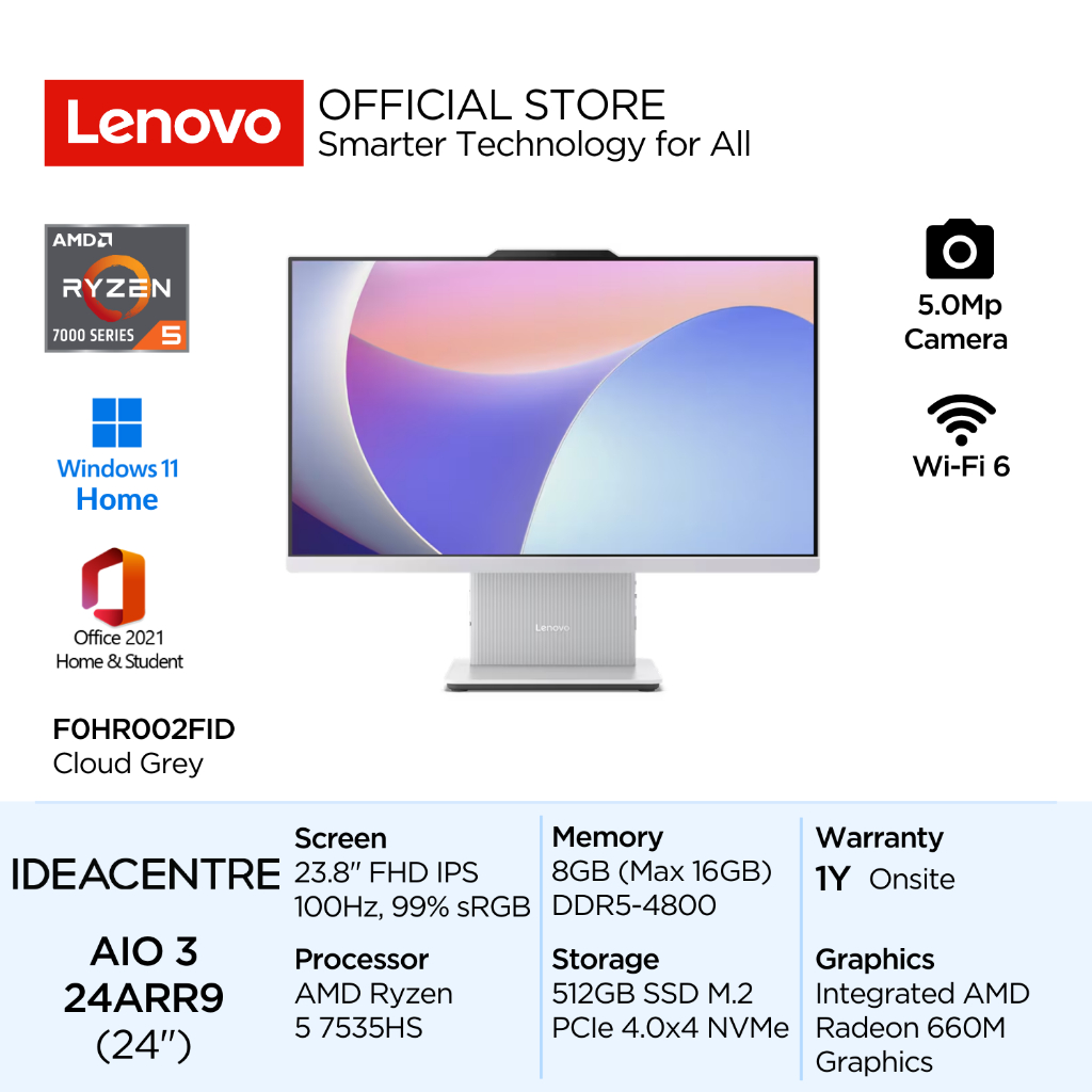 Jual Lenovo PC IdeaCentre AIO 3 24ARR9 AMD Ryzen 5 7535HS Win11 8GB ...