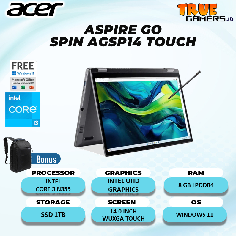Jual Laptop Acer Aspire GO SPIN A3SP14 2in1touch I3 N355 8GB Jual Laptop Acer Aspire GO SPIN A3SP14 2in1touch I3 N355 8GB