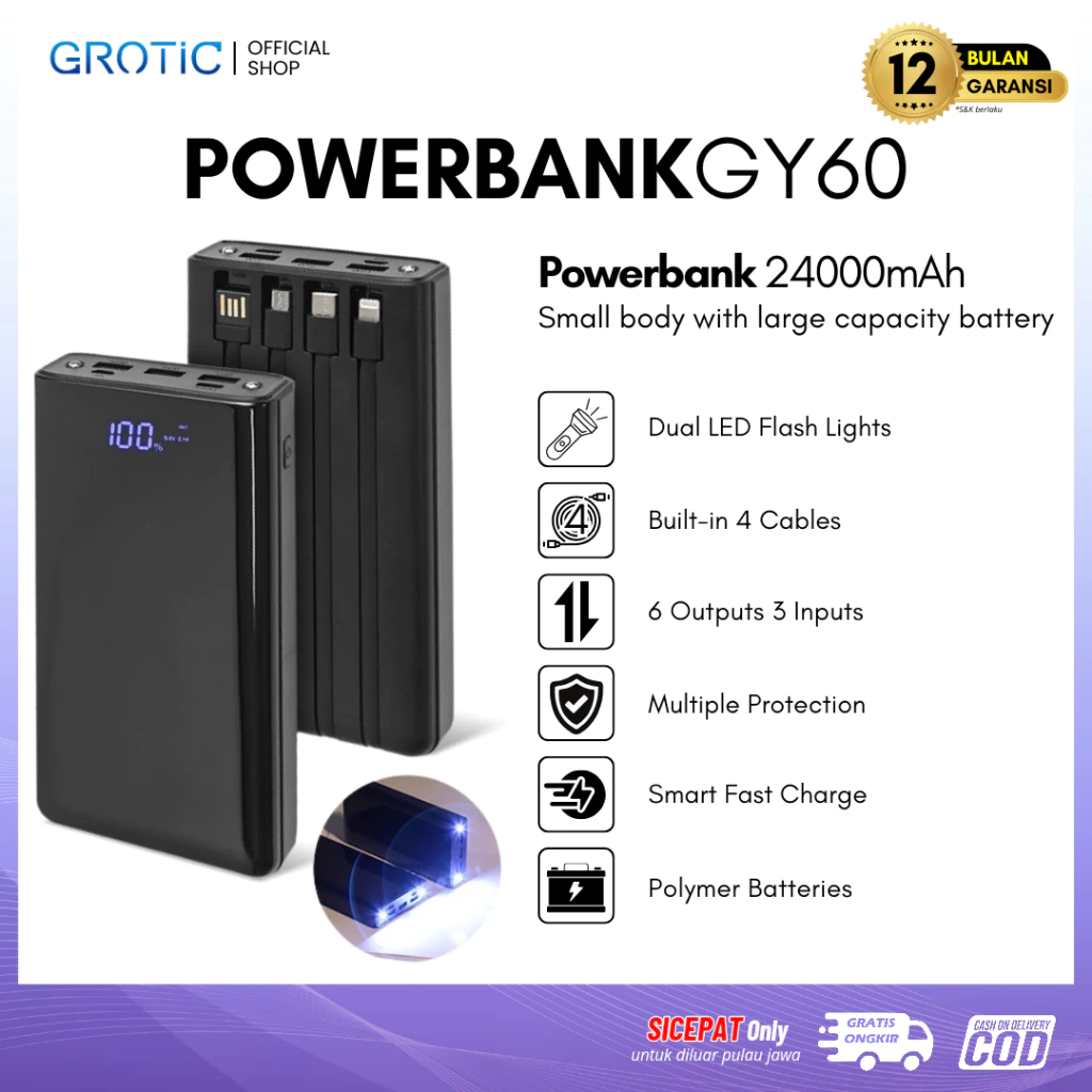 GROTIC Powerbank 24000 mAh 6 Output 2 Input 5V 2.1A With Power Display LED Light GY60