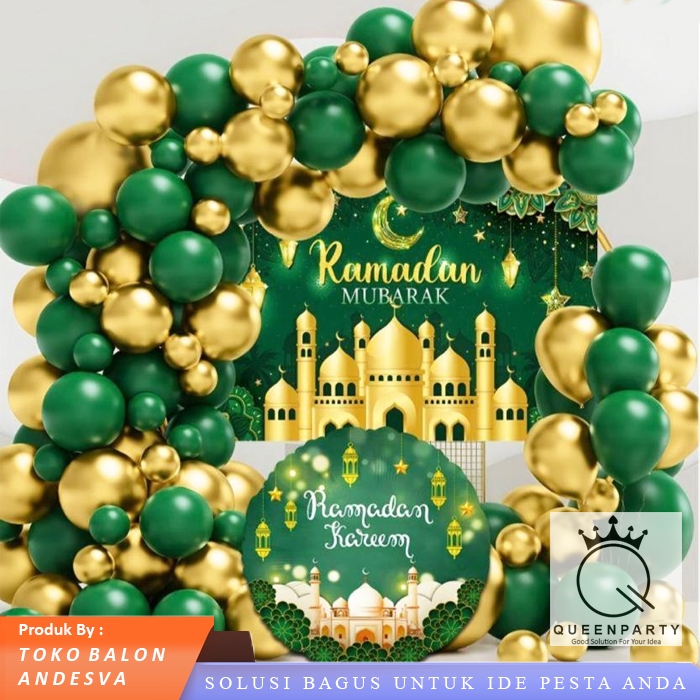 set dekor Ramadan Kareem hijau gold / paket dekor balon lebaran ramadan /  dekorasi balon lebaran