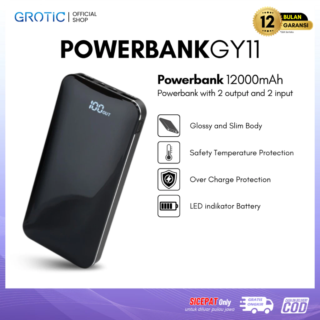 GROTIC Powerbank 12000mAh Dual Input Type C & Micro Dual USB Output LED Power Display GY11
