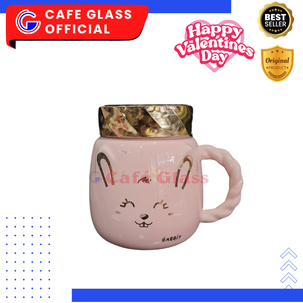 Mug Pink Valentine - Mug Rabbit Tutup Putar - Gelas Keramik Kelinci - Mug Lucu