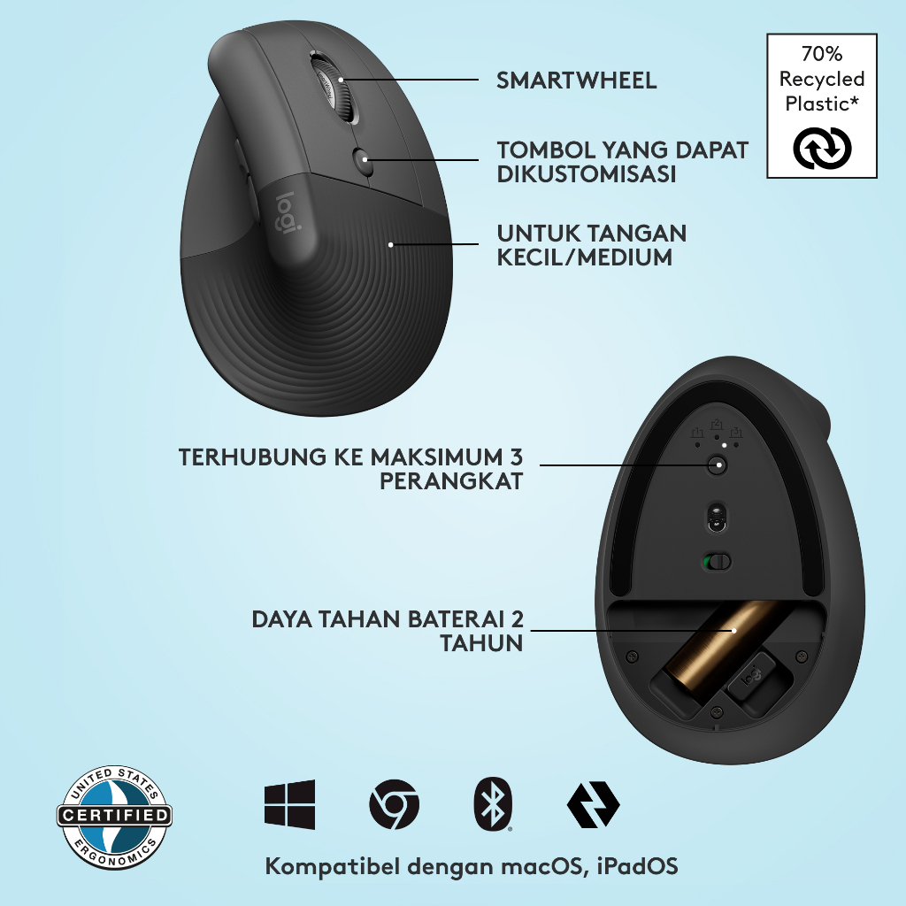 Logitech LIFT Mouse Ergonomic Vertical Wireless Bluetooth Silent - Graphite (7)