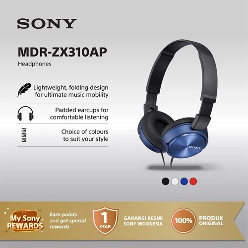 Sony MDR-ZX310AP Headset Mass Model Overbands With Microphone - Blue Original