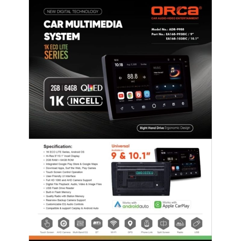 Jual Head unit tv mobil android 9 inch orca adr-9988 eco auto ram 2 gb ...