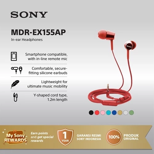 Earphone Sony MDR-EX155AP Handsfree Mass Model In-Ear With Microphone - Red Earphone Headset Original