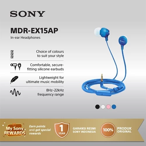 Earphone Sony MDR-EX15AP Handsfree In-ear With Microphone - Blue SONY Earphone Headset Headphone Original