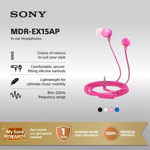 Earphone Sony MDR-EX15AP Handsfree In-ear With Microphone - Pink SONY Earphone Headset Headphone Original