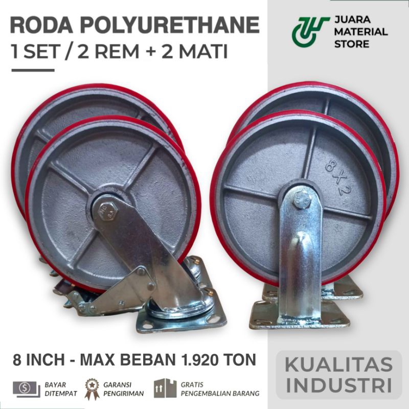 Jual [4 PCS] Roda Trolly 8 inch 200 mm PU Heavy Duty (2 Rem + 2 Mati ...