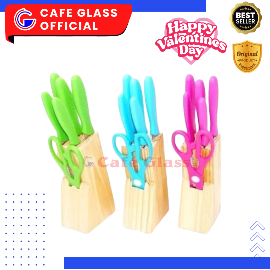 Oxone Pisau Dapur Set 6 Pcs Stainless Steel Warna Pastel - Lengkap Rak Kayu + Gunting Dapur (Ox-961) - Knife Set Pink, Biru, Hijau