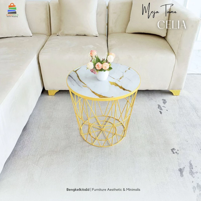 Aesthetic Round Coffee Table Sofa - MEJA CELIA - Modern Minimalist Besi Holo Gold