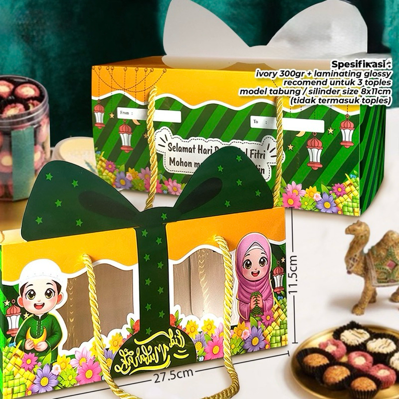 Box Lebaran Elegant 3 Jar Toples Dus Bolu Gulung Idul Fitri Pita Hijau
