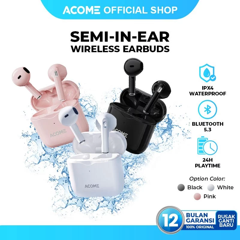 Acome Headset Earphone TWS Bluetooth 5.3 IPX4 Waterproof 3 Gram Ultra Light Inpods AT01 Garansi Resmi 1 Tahun