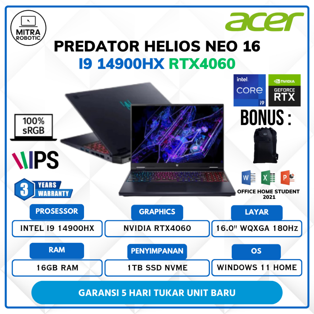 Jual ACER Predator Helios Neo 16 i9 14900HX RTX4060 16GB 1TB Windows 11 ...